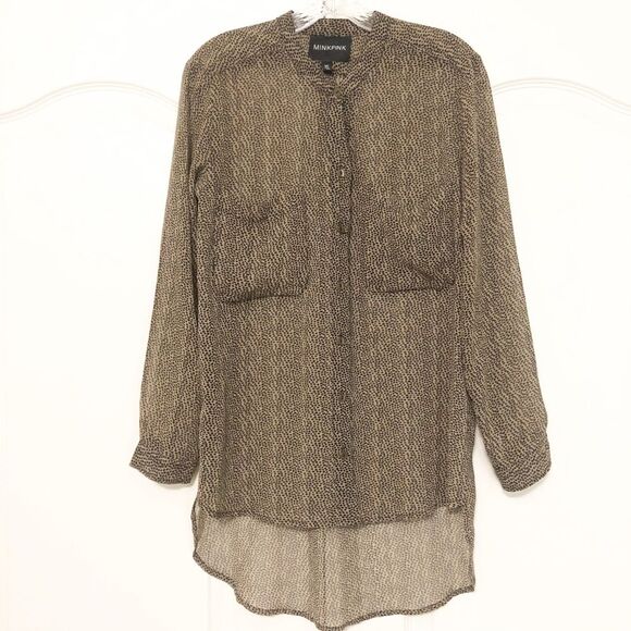 Mink Pink Cheetah Animal Print  Longline Tunic Button Up Blouse Womens Small - Picture 1 of 5